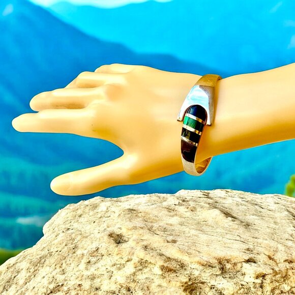 Sterling Silver 925 Bracelet Malachite + Onyx Hinged Bracelet Taxco Mexico 52 gr - Picture 3 of 16